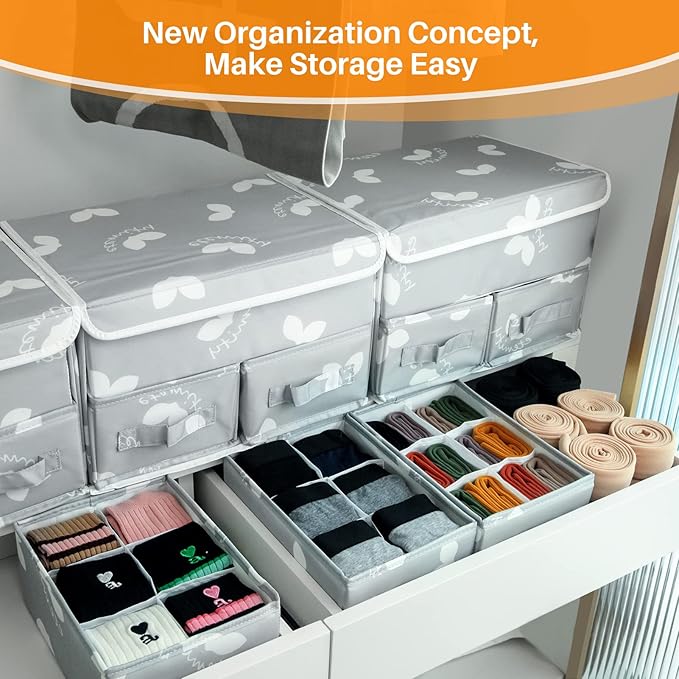 2 Pack Sock Underwear Drawer Organizer Divider - Closet Organizers and Storage Dresser Organizer Wardrobe Clothes Box Storage Bins with Lid for Bra, Socks, Leggings, Shirt, Panty (Grey)