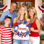 Wooden 4th of July Decorations Patriotic Wreaths for Front Door Independence Day Decorations Star Sign Welcome Memorial Day Hanging for Home Wall Decor Outdoor Indoor Red White and Blue Wreath