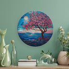 Stained Glass Theme Decorative Ceramic Plate Round Porcelain Plate,6 inch,Cherry Tree Pattern,for Decorative Ornaments Giving Plates, 1 Plate with 1 Display Stand,Blue Pink