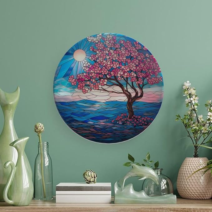 Stained Glass Theme Decorative Ceramic Plate Round Porcelain Plate,6 inch,Cherry Tree Pattern,for Decorative Ornaments Giving Plates, 1 Plate with 1 Display Stand,Blue Pink