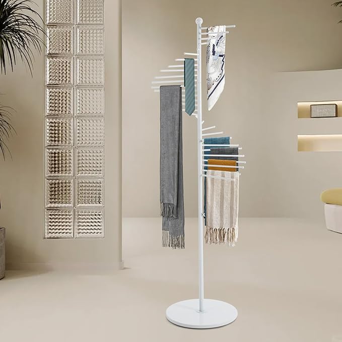 67" Freestanding Scarf Organizer, Spiral Scarf Display Rack with 30 Rods Metal Hijab Organizer Commercial Hijab Hanger Belt Pants Hanger for Shopping Mall Clothing Store Home (White)