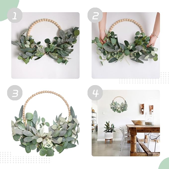 TEMPUS 16” Artificial Wood Bead Eucalyptus Wreath - Indoor/Outdoor Seasonal Farmhouse Door Decor with Artificial Greenery Perfect