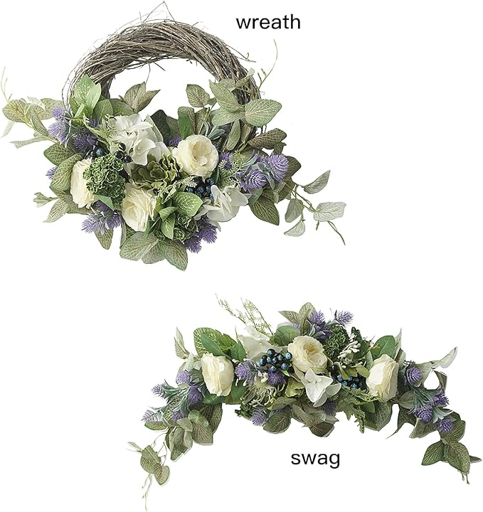 28in Artificial Rose Hydrangea Swag for Lintel,Faux White Penoy Swag Wedding Arch Flowers with Eucalyptus Leaves Blueberry,Rustic Floral Swag for Home Room Garden Front Door Party Decor