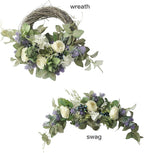 19in Artificial White Silk Rose Hydrangea Wreath with Blueberry, Lifelike Eucalyptus Leaves Rattan Garland Spring Summer Decorative Wreath for Wedding Arch Front Door House Wall Decor