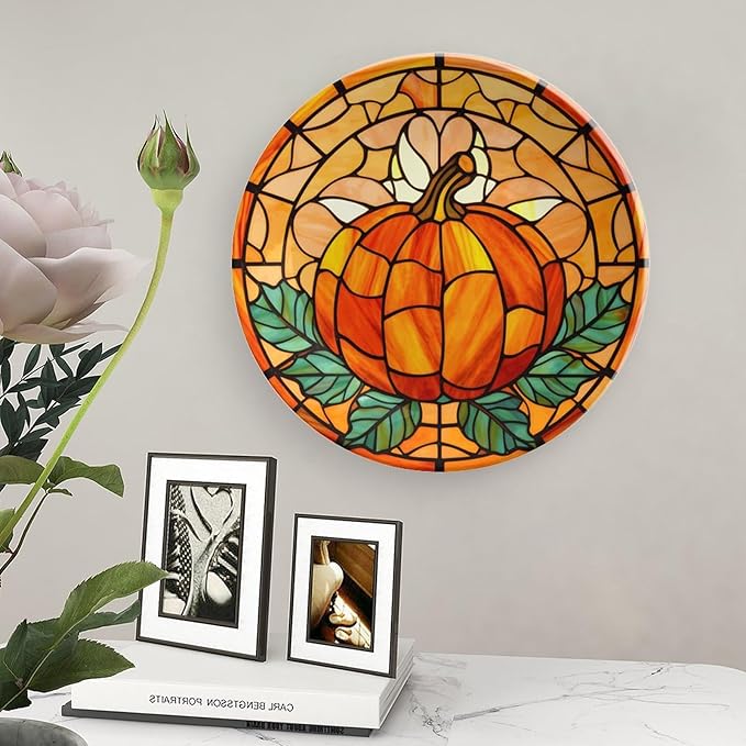 Thanksgiving Decorative Plates for Home Decor, Stained Glass Pumpkin & Leaves Decor Tray for Table Display, Ceramic Dinner Plate W/ Stand, Living Room Dining Room Decor, Housewarming Gifts, 8 Inch