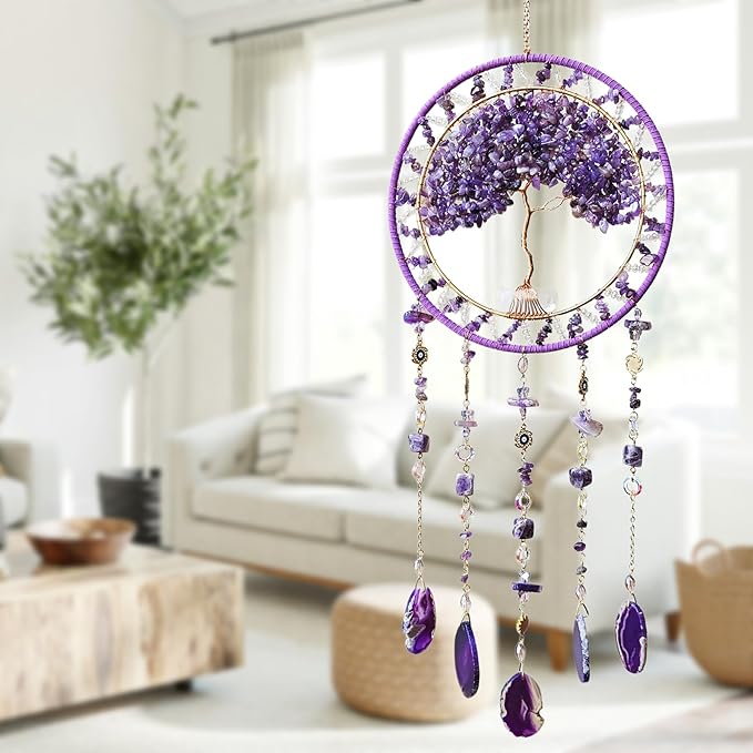 Tree Life Dream Catcher and Sun Catcher, Handmade Healing Crystal Boho Window Hanging for Home Decor, Rainbow Maker Wall Decor, for Women, Housewarming (Purple)