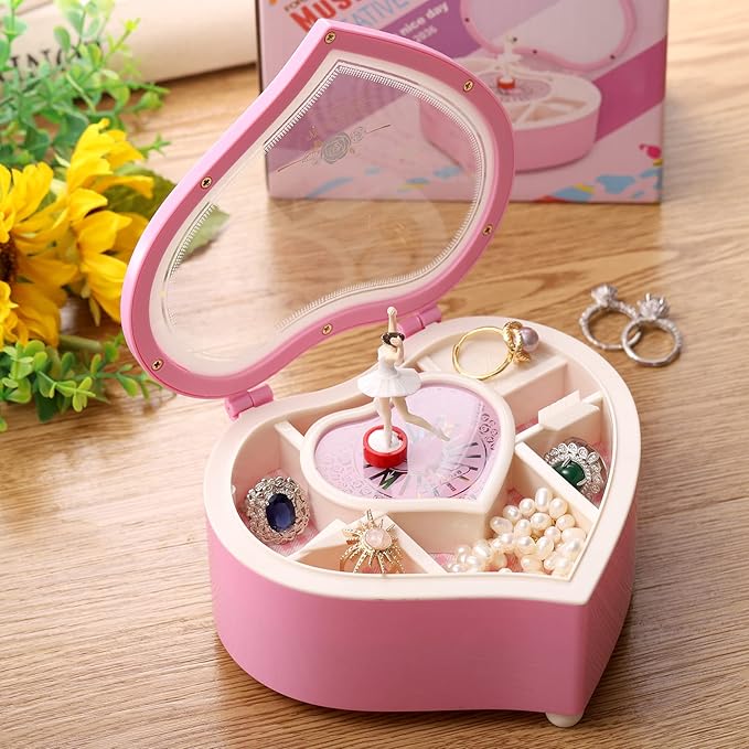 yarlung Ballerina Music Box for Valentine's Day Gift, Pink Heart Rotating Dancing Girl Gift Box for Jewelry, Trinket, Mother's Day Birthday