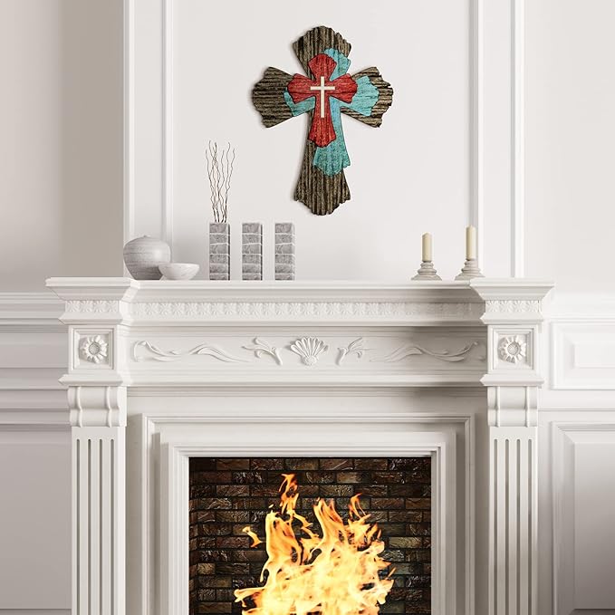 Blulu Cross Wall Decor Hanging Wooden Decorative Wall Cross Rustic Catholic Crucifix Spiritual Art Sculpture for Home Decor Religious First Communion Church Decoration Gift