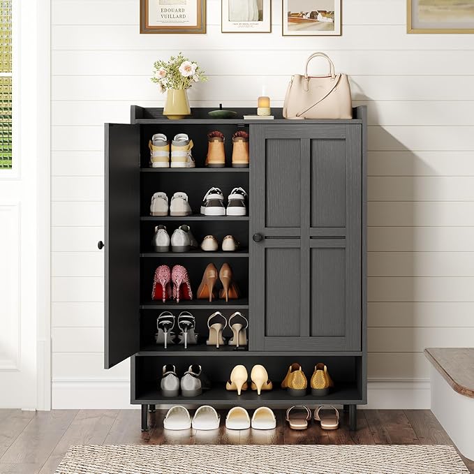 ONBRILL Shoe Cabinet with Cross Molding Doors, 6-Tier Shoe Storage Cabinet with 3 Adjustable Shelves and Metal Legs, 45'' Tall Shoes Rack Organizer Cabinet for Entryway, Front Door, Black