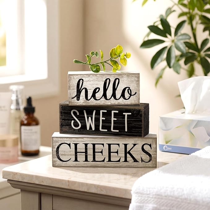 Moucuny 4 Pcs Bathroom Shelf Decor Hello Sweet Cheeks Sign Farmhouse Bathroom Decor and Accessories Rustic Eucalyptus Leaves Wood Block Sign Gift Sweet Home Table Centerpiece for Home Office