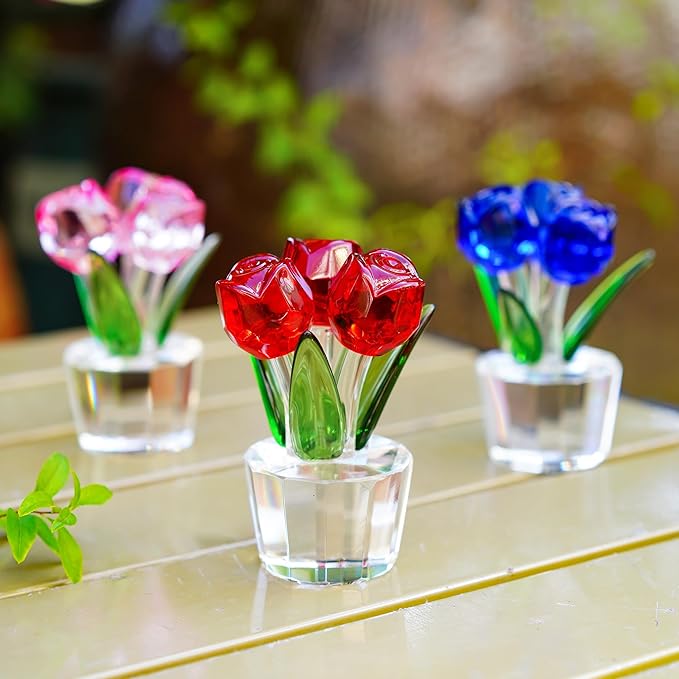 3.2 * 2in Handmade Crystal Red Rose Bouquet Figurine Romantic Rose Flower Gifts for Wife Mom on Birthday Wedding Anniversary