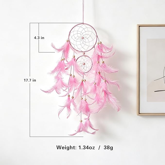 Pink Dream Catcher Wall Decor Handmade Feathers Dreamcatcher Wall Hanging Ornament Room Decor, Dream Catchers for Girls Kids Boys Bedroom Decor Art Craft Gift