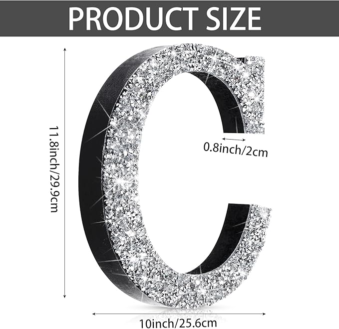 Qunclay 12'' Silver Crystal Diamond Bling Letters Crushed Diamond Decoration Wooden Glitter Letter with Screw and Hooks Rhinestone Gift for Wedding Y2k Mcbling Bedroom Wall Decor (Letter C)