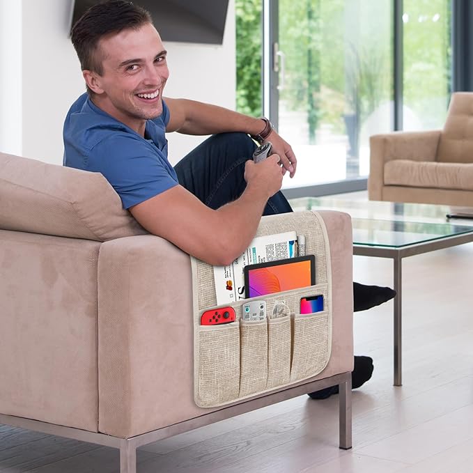 Couch Armrest Remote Control Holder, Couch Caddy Gifts for Seniors Bed Caddy Tv Remote Holder with 5 Pockets for Key Glasses Phone Magazine Holders