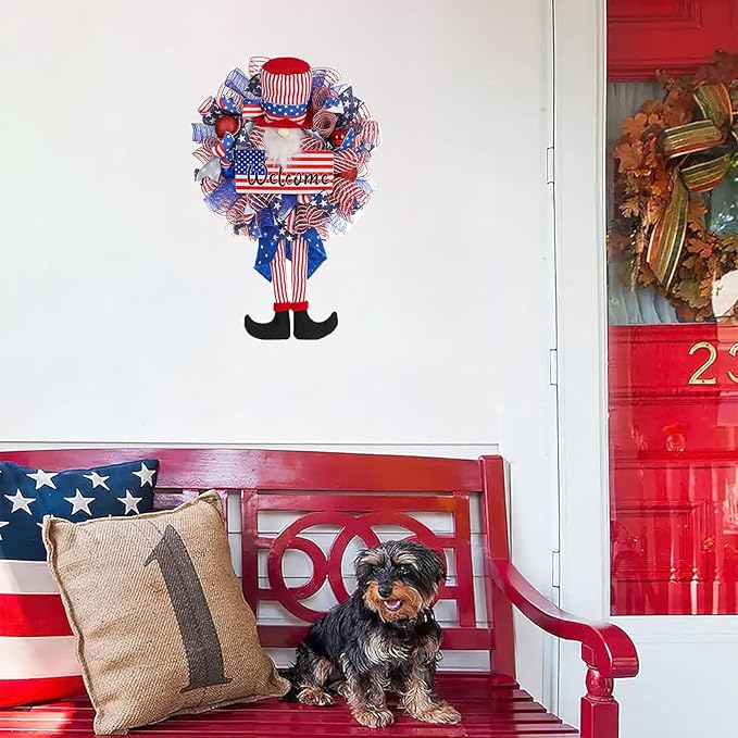 Patriotic Wreath for Front Door Red White Blue Wreath 4th of July Wreaths for Door Wall Memorial Day Decor Independence Day Hanging Decoration for Outside Home Farmhouse Holiday (Long-Legged hat)