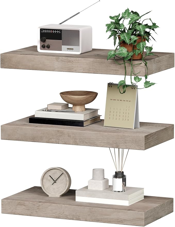 RALGEND Floating Shelves for Wall, 1.5" Thick Wall Shelf Set of 3 with Invisible Brackets, 15.7L x 7.9W Hanging Book Shelves Farmhouse Home Decor for Bathroom, Living Room, Bedroom, Greige 4301BJP3BG