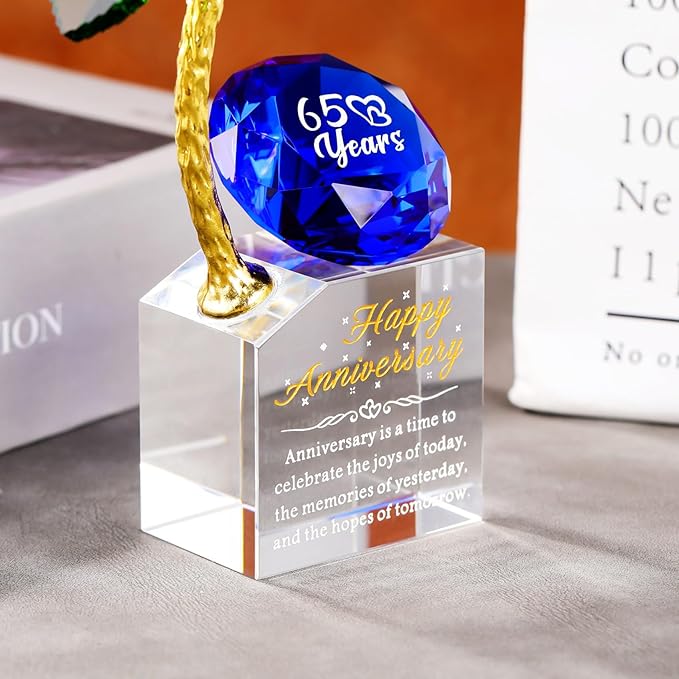 YWHL 65th Wedding Anniversary Rose Gifts for Parents Grandparents, 65 Years Happy for Couples, Crystal Rose Figurine with Blue Diamond, Romantic Valentines Day Present for Her Him