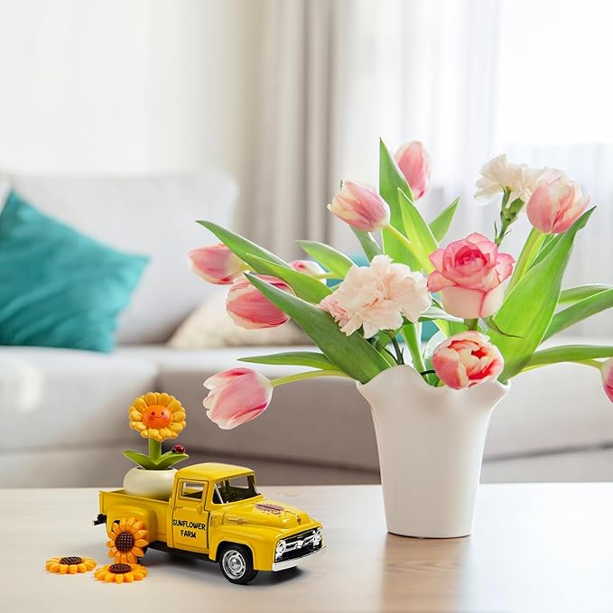 Sunflower Truck Decor, Yellow Vintage Pickup Truck with Sunflower Arrangement, Rustic Farmhouse Summer Tiered Tray Decor, Kitchen Table Centerpiece, Home Office Shelf Decorations