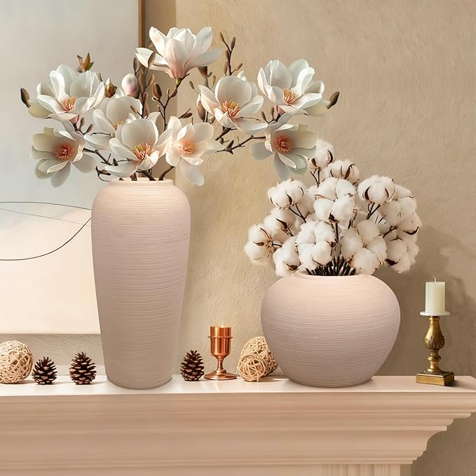 Ceramic Flower Vase Round Textured Vase,Farmhouse Vase Terracotta Rustic Vases for Home Decor for Living Room,Dining Table Decor,Shelf Decor,Centerpiece