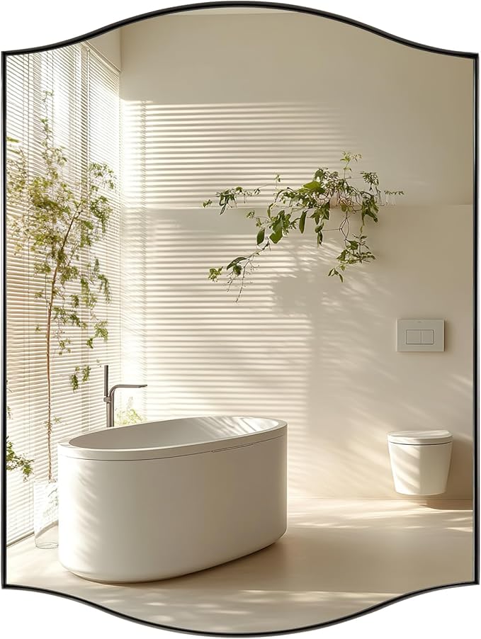 ANDY STAR Scalloped Bathroom Mirror，24"x32" Brushed Nickel Rectangle Wall Mirror with Curved Edge Stainless Steel Metal Frame, Silver Vanity Wall-Mounted Mirror for Bathroom, Entryway