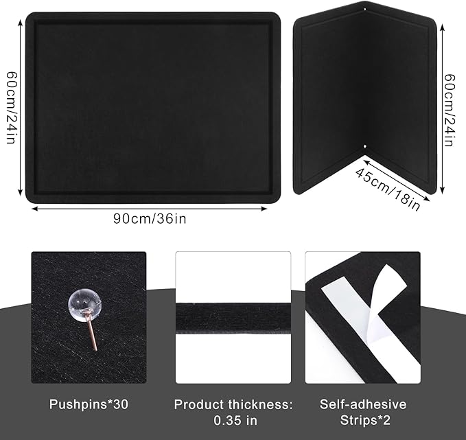 Thboxes Bulletin Board, 36" x 24" Foldable Cork Board Felt Pin Boards with 35 Pushpins Self-Adhesive Photo Decorative Felt Boards for Walls, Office, School, Classroom, Home, Bedroom - Black
