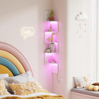 Qupui 5-Tier Corner Shelf with LED Lights, 49 Inch Floating Wall Mounted Corner Shelf for Bedroom Living Room Bathroom, White Corner Bookshelf Display Stand with RGB Lighting