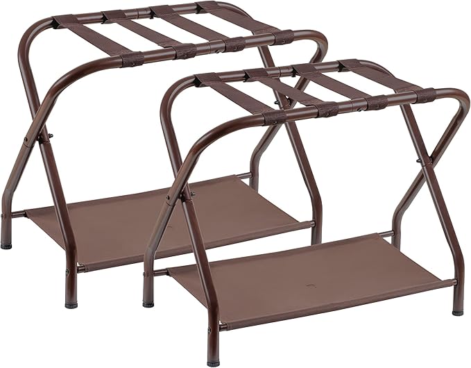 Heybly Luggage Rack for Guest Room, Pack of 2, Steel Folding Suitcase Stand with Storage Shelf for Bedroom, Hotel, Foldable Steel Frame, Guest Room 26.2" L x 14.4" W x 20.5" H, Brown HLR004Z2