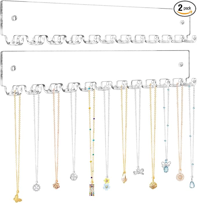 Acrylic Necklace Holder 2 Pack Wall Mounted Necklace Organizer Hanging Jewelry Organizer with 12 Hooks for Necklaces, Bracelets, Rings and Bangles Display
