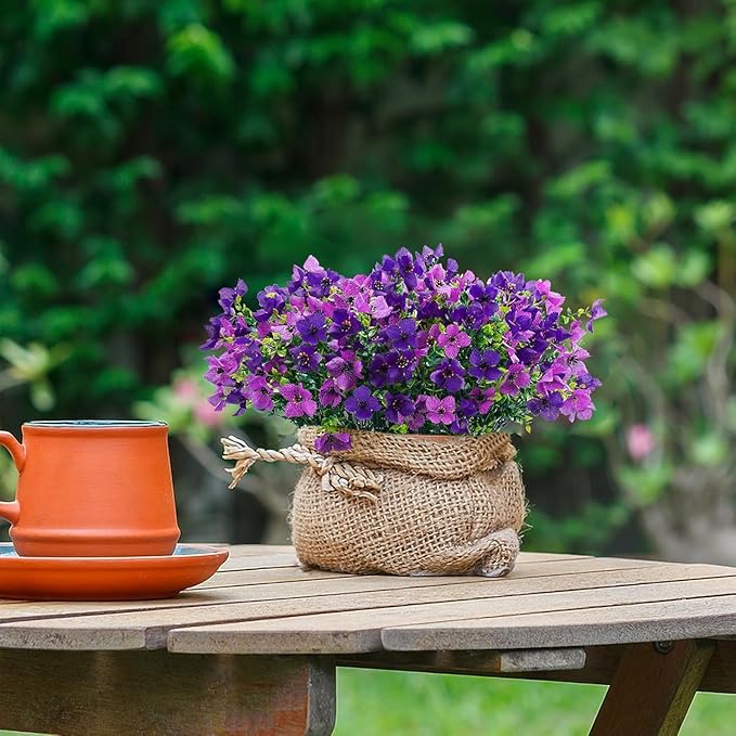 Artificial Faux Plants Flowers Outdoor Spring Summer Decoration, 12 Bundles Fake Silk Colorful Daisy Eucalyptus Realistic UV Resistant for Outside Home Planter Porch Patio Yard Decor (Purple)