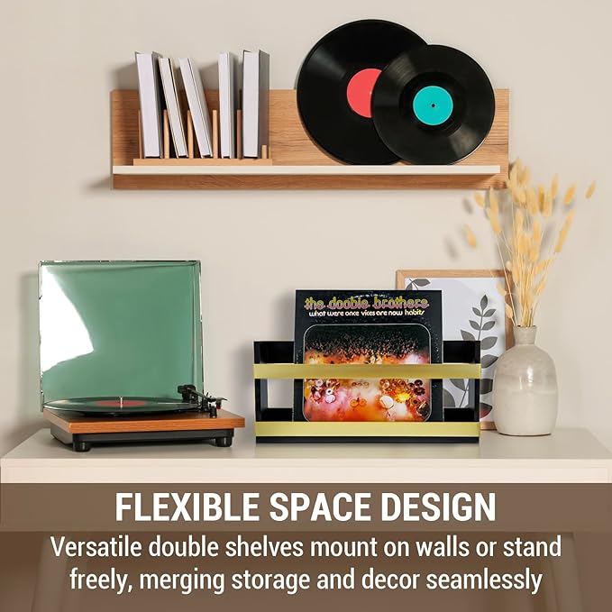 MyGift Black Solid Wood and Brass Metal Magazine Display Rack, Wall Mountable Double Wide Book Holder or Standing Organizer