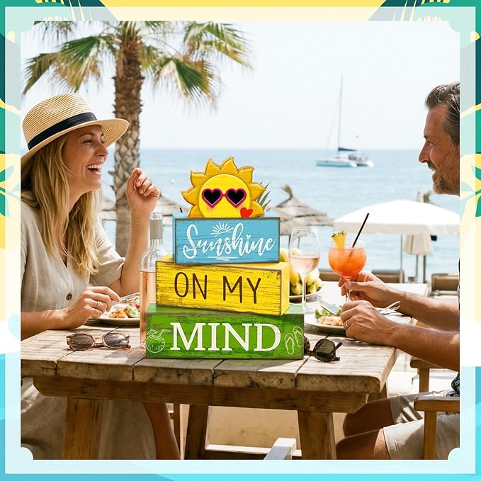 Lineshading 4 Pcs Summer Table Decor Wooden Sunshine Beach Tiered Tray Decor Rustic Farmhouse Sunshine Block Signs Gifts Summer Table Centerpieces for Home Kitchen Coffee Bar Shelf Office Decorations