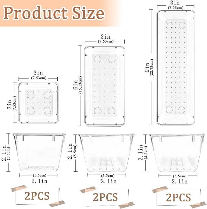 6 Pack Clear Drawer Organizer Set,Versatile Bathroom and Vanity Organizer Trays,Acrylic Drawer Storage Trays,Storage Bins for Makeup Jewelries,Cosmetics,Gadgets,Kitchen Utensils and Office