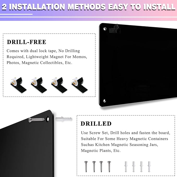2Pack Black Magnetic Board,17.5" x 11.4" Magnet Bulletin Board to Display Magnetic Notes, Poetry, Photos, Suitable for Wall, Refrigerator, Cabinet etc, Come with 8 Pcs Dual Lock Tape and Screws