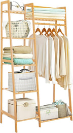 Bamboo Clothes Rack with 7 Tier Storage Shelves Clothing Hanging Stand for Small Spaces Children's Wardrobe Closet, Multifunctional Plant Stand