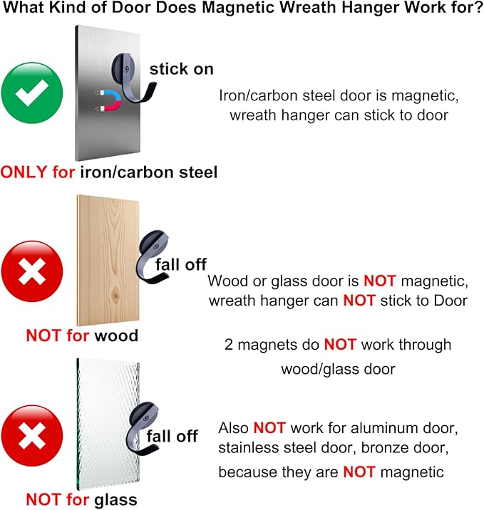 Magnetic Wreath Hanger for Metal Doors Only, Not for Wood Glass Doors, Front Door Wreath Hook Holder, Pack of 2