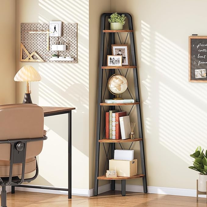 HOOBRO Corner Shelf, 5-Tier Corner Shelf Stand, 66.9” Tall Ladder Bookshelf, Industrial Corner Display Shelf Plant Stand for Living Room, Kitchen, Home Office, Rustic Brown BF145CJ01