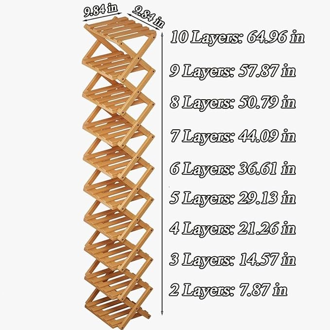 2/3/4/5/6/7/8/9 Tier Bamboo Folding Shoe Rack,2026 New Bamboo Foldable Shoe Rack,no Installation Required,Vertical Multi-Layered Organizer,Space-Saving for Entryways& Balconies (Primary Color, 10)