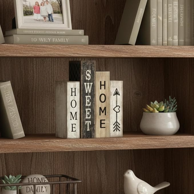 Lineshading 4 Pcs Farmhouse Table Decor Wooden Books Home Sweet Home Tiered Tray Decor Rustic Wood Block Sign Housewarming Gifts Neutral Centerpiece Farmhouse Stacked Decoration for Shelf Mantle