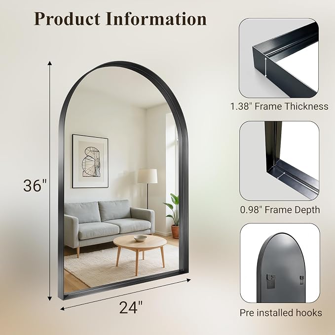 Arch Bathroom Mirror, 24"x36" Wall Mounted Vanity Mirror with Deep Frame, Tempered Glass Decor Mirror for Bathroom, Bedroom, Entryway and Living Room, Hanging or Leaning, Black