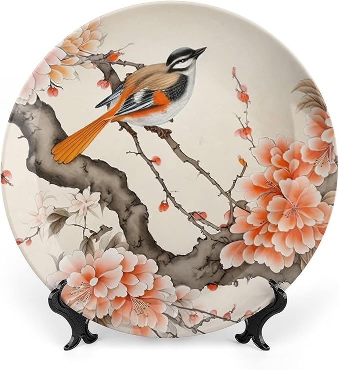 Decorative Plates for Home Decor, Bird & Peony Flower Chinese Meticulous Painting Decor Tray for Table Display, Ceramic Dinner Plate w/Stand, Kitchen Decor, Housewarming Gifts, 7 Inch