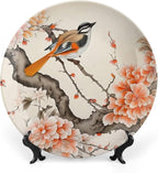 Decorative Plates for Wall Hanging, Bird & Peony Flower Chinese Meticulous Painting Ceramic Plate, Wobble-Plate with Display Stand, Home Decor for Kitchen Cabinets, Farmhouse Round Tray 8 Inch