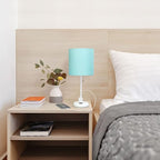 Oslo 19.5" Contemporary Bedside Power Outlet Base Standard Metal Table Desk Lamp in White with Aqua Drum Fabric Shade