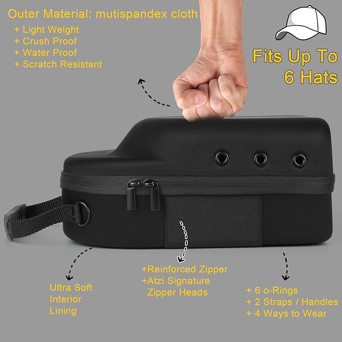 Hard baseball hat case, Hat Carrier Travel Case with Adjustable Shoulder Strap, Hat cap case for 6 Baseball Caps - Perfect for Traveling & At-Home Storage (Black with Pink)