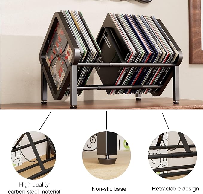 Vinyl Record Storage,80-100 LP Scalable Vinyl Record Holder,Retro Style Organizer,Metal Album Storage Rack for Magazine,Files,Book,Albums & Office Storage(Black)