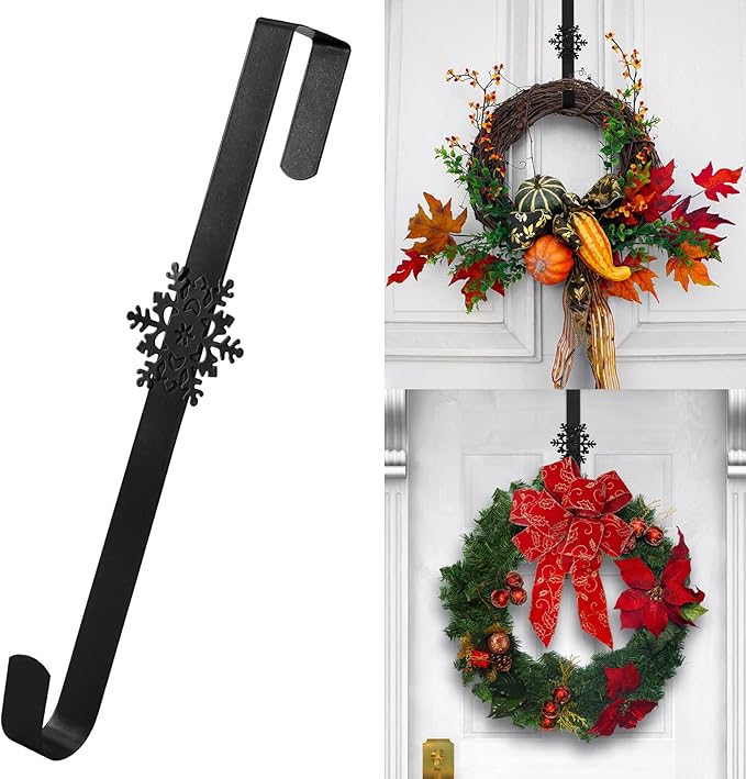 15 inches Christmas Decorative Wreath Hangers for Front Door;Over the Door Hooks (Black, Snowflake)