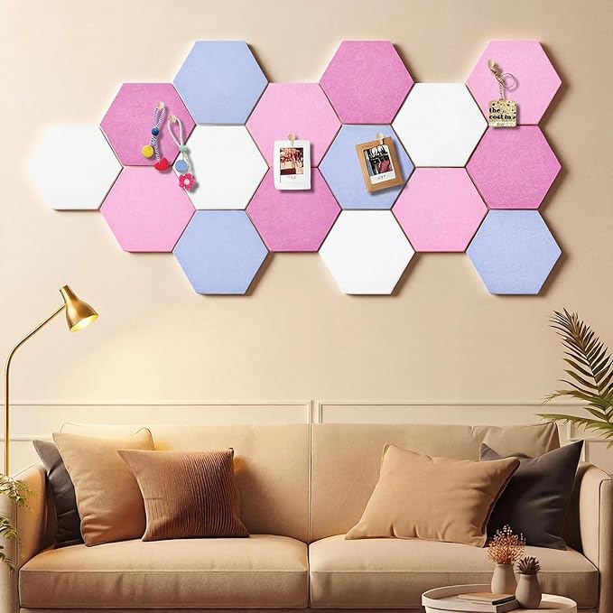 Mindsoft 16 Pcs Hexagon Cork Board for Walls with 50 Wooden Push Pins 12x10 in Felt DIY Tiles Notice with Nano Tape Hanging Bulletin Board for Home Photo Office Memo Note(Pink)