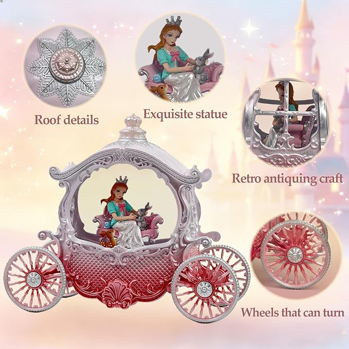Christmas Pink Carriage Snow Globe with Music and Pricess - Christmas Snow Globes - Battery Or USB Cable Powered Operated (Pink Princess)