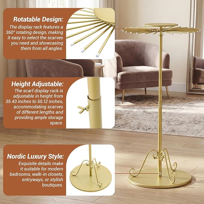 Novabright Freestanding Scarf Display Rack with 30 Rods, 360° Rotating Gold Tie Belt Hanger Shawl Shelf Hijab Stand, 35.43-56" Height Adjustable Scarf Holder for Boutique Clothing Store Home Storage