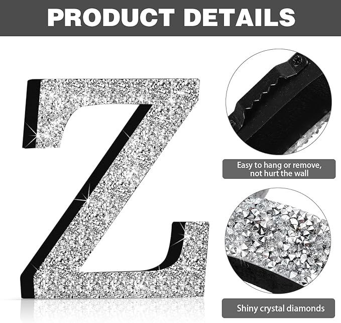 Qunclay 12'' Silver Crystal Diamond Bling Letters Crushed Diamond Decoration Wooden Glitter Letter with Screw and Hooks Rhinestone Gift for Wedding Y2k Mcbling Bedroom Wall Decor (Letter Z)