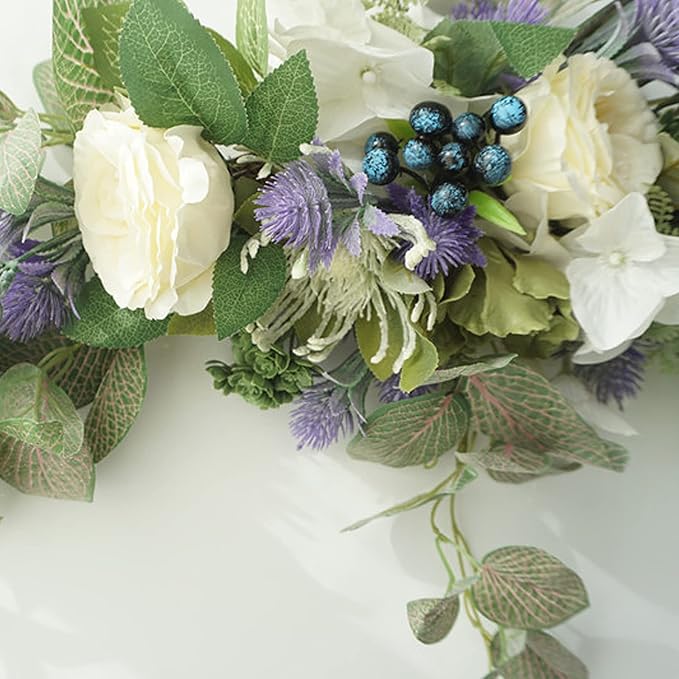 28in Artificial Rose Hydrangea Swag for Lintel,Faux White Penoy Swag Wedding Arch Flowers with Eucalyptus Leaves Blueberry,Rustic Floral Swag for Home Room Garden Front Door Party Decor